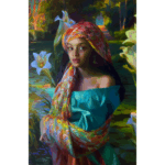 Vibrant oil painting of a woman in a colorful headscarf and teal dress, surrounded by lilies and a glowing garden background – by Adrienne Stein