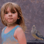 Oil painting by Catherine Hafer of a young girl with flowing hair beside a dove, capturing personality and natural atmosphere.