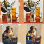 Two-up color study comparisons taped to 538 panels, showing reference images and student color study versions side by side.