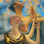 Oil painting of three figures reaching upward against a blue-gold background on an Artefex 531 All-In panel by Nicole Alger.