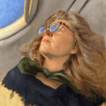 Oil portrait of a woman wearing glasses looking toward light, painted on an Artefex 531 Allin linen panel by Nicole Alger.