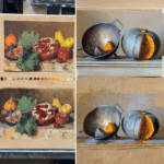 Still life color studies on 538 panels with paint swatches and small finished studies showing step-by-step mixing results.